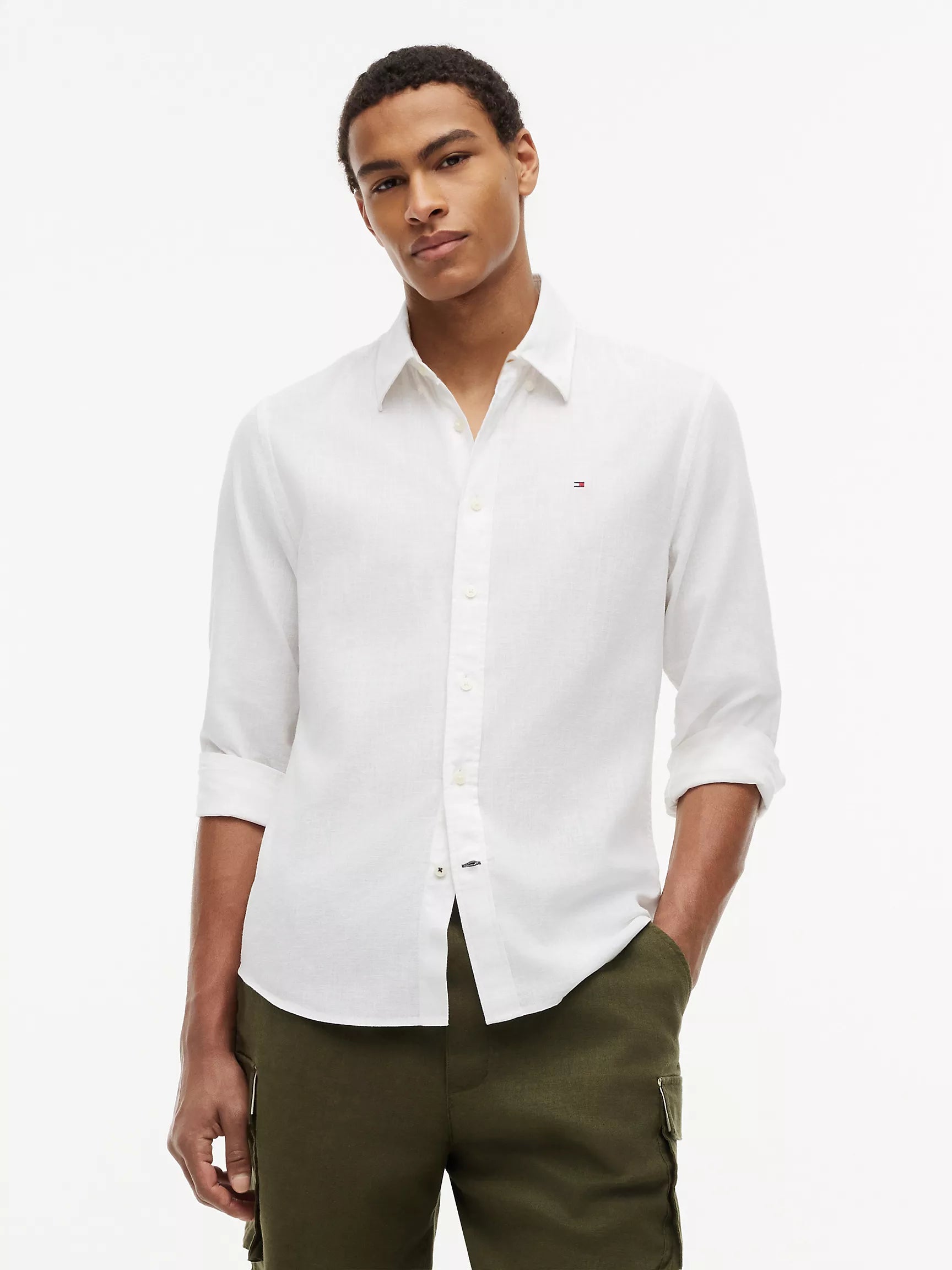 Tommy Hilfiger - Optic White Regular Fit Linen-Blend Shirt
